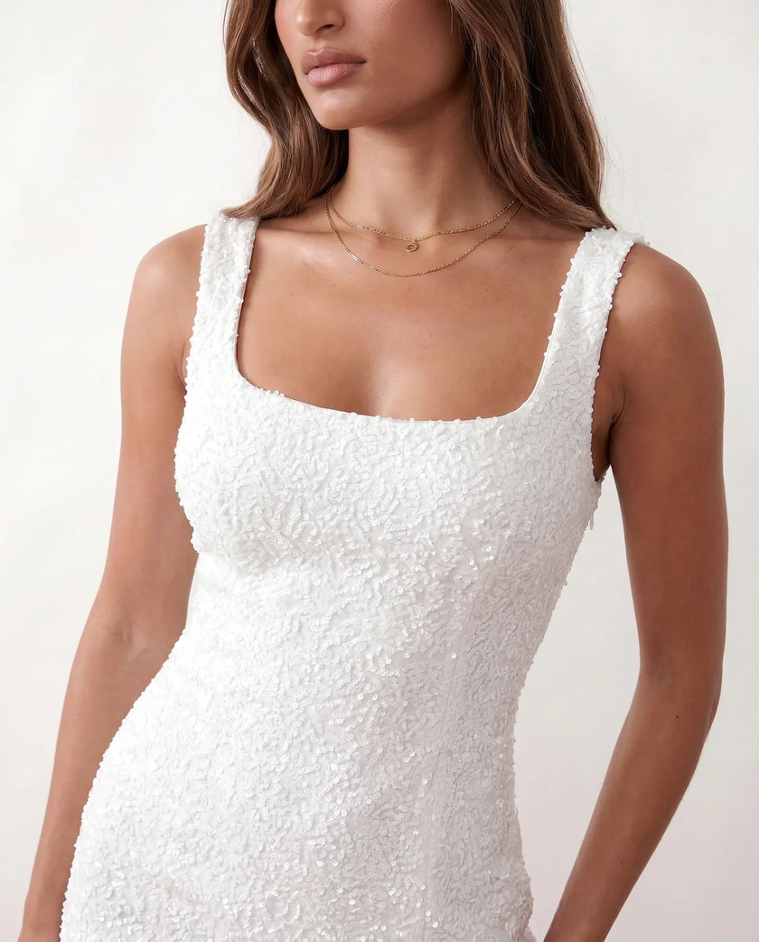 Sequined Mini Dress Women Square Neck Low Back Slit