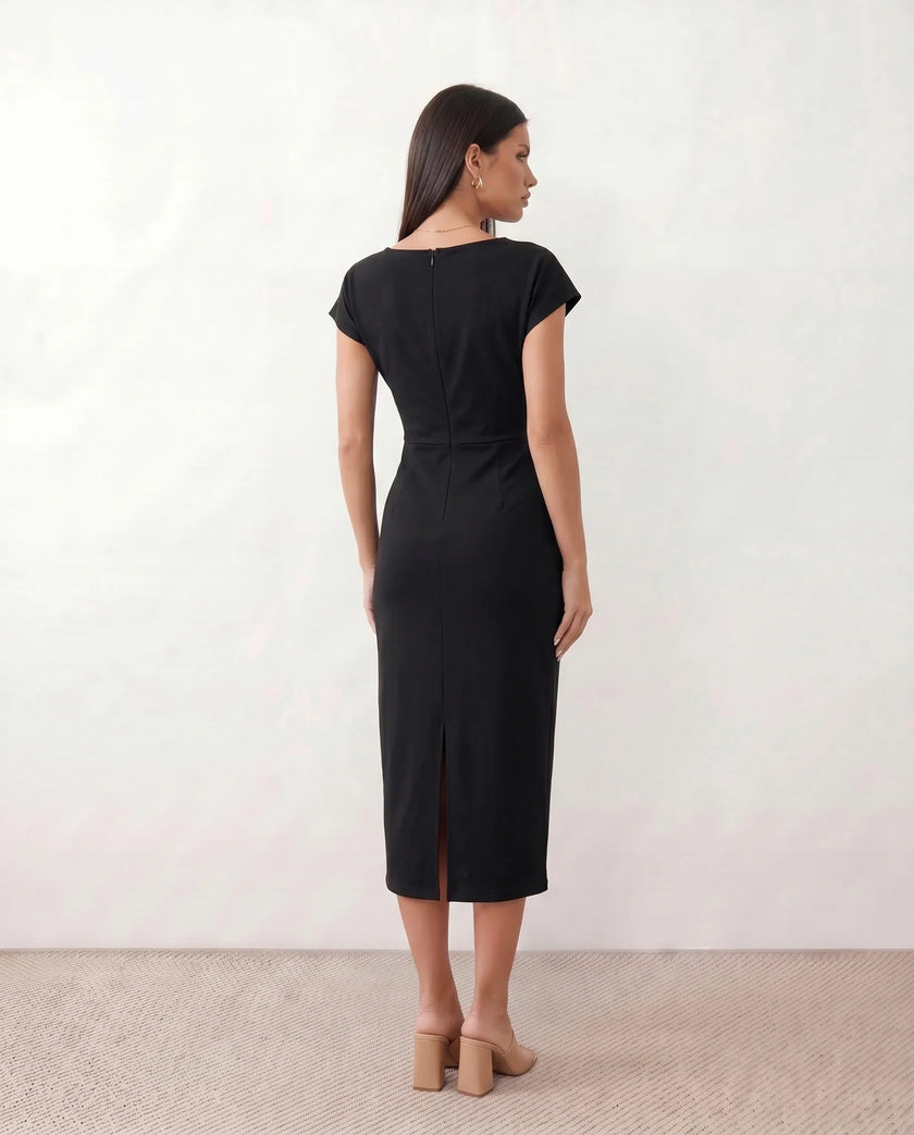 Wrap Midi Dress Women V-Neck Ruched Waist Cap Sleeve