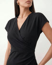 Wrap Midi Dress Women V-Neck Ruched Waist Cap Sleeve