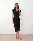 Wrap Midi Dress Women V-Neck Ruched Waist Cap Sleeve
