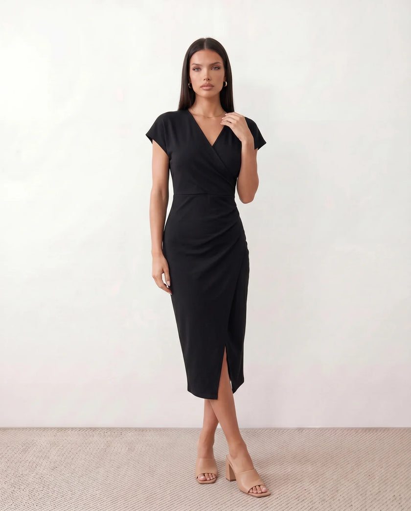 Wrap Midi Dress Women V-Neck Ruched Waist Cap Sleeve