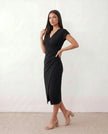 Wrap Midi Dress Women V-Neck Ruched Waist Cap Sleeve