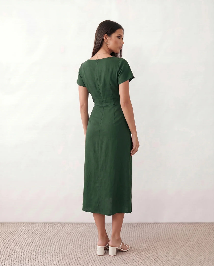 Wrap Midi Dress Women V-Neck Ruched Waist Cap Sleeve