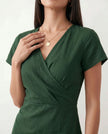 Wrap Midi Dress Women V-Neck Ruched Waist Cap Sleeve