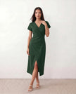 Wrap Midi Dress Women V-Neck Ruched Waist Cap Sleeve