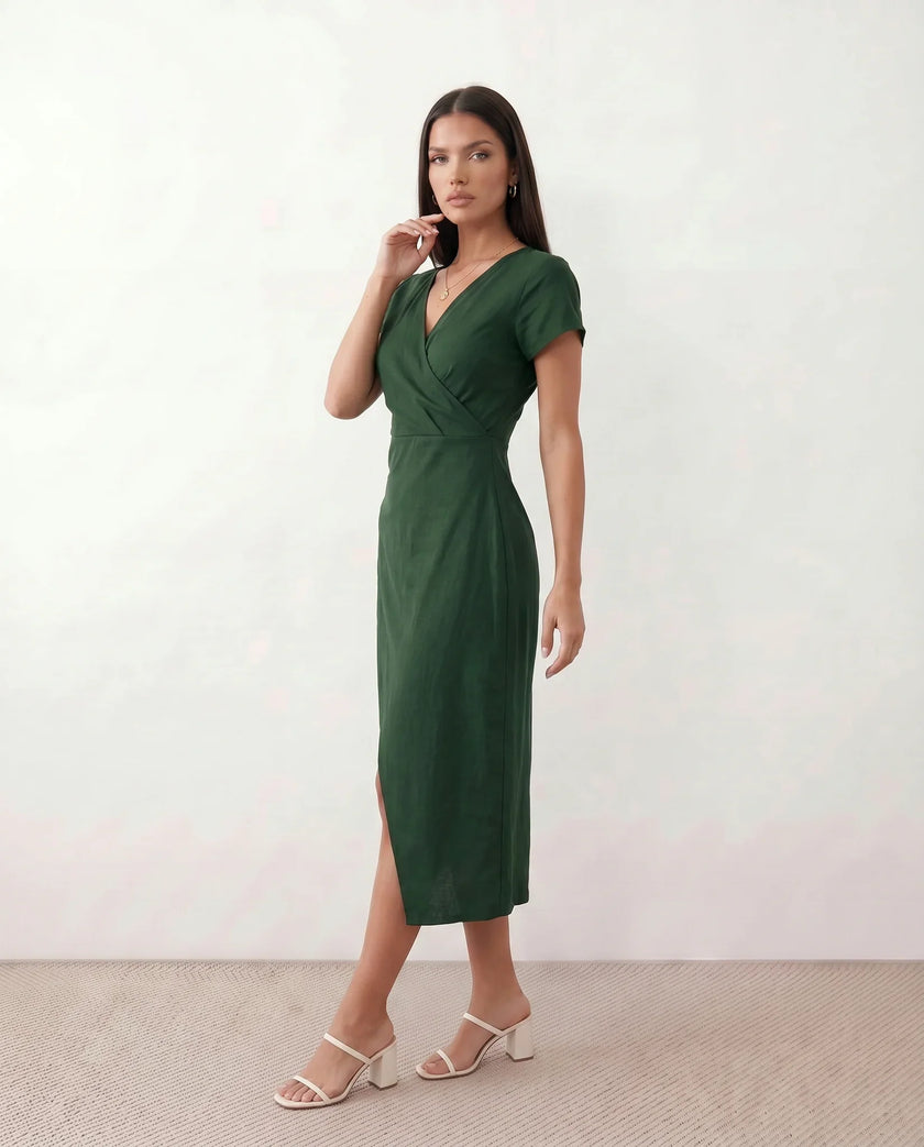 Wrap Midi Dress Women V-Neck Ruched Waist Cap Sleeve
