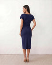 Wrap Midi Dress Women V-Neck Ruched Waist Cap Sleeve