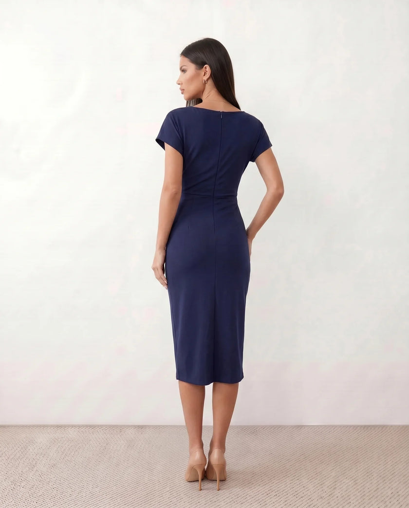 Wrap Midi Dress Women V-Neck Ruched Waist Cap Sleeve