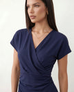Wrap Midi Dress Women V-Neck Ruched Waist Cap Sleeve