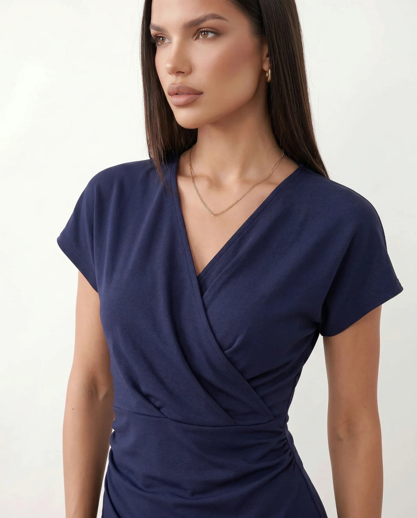 Wrap Midi Dress Women V-Neck Ruched Waist Cap Sleeve
