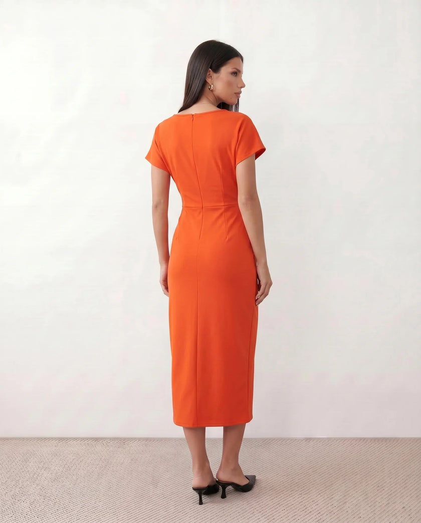 Wrap Midi Dress Women V-Neck Ruched Waist Cap Sleeve