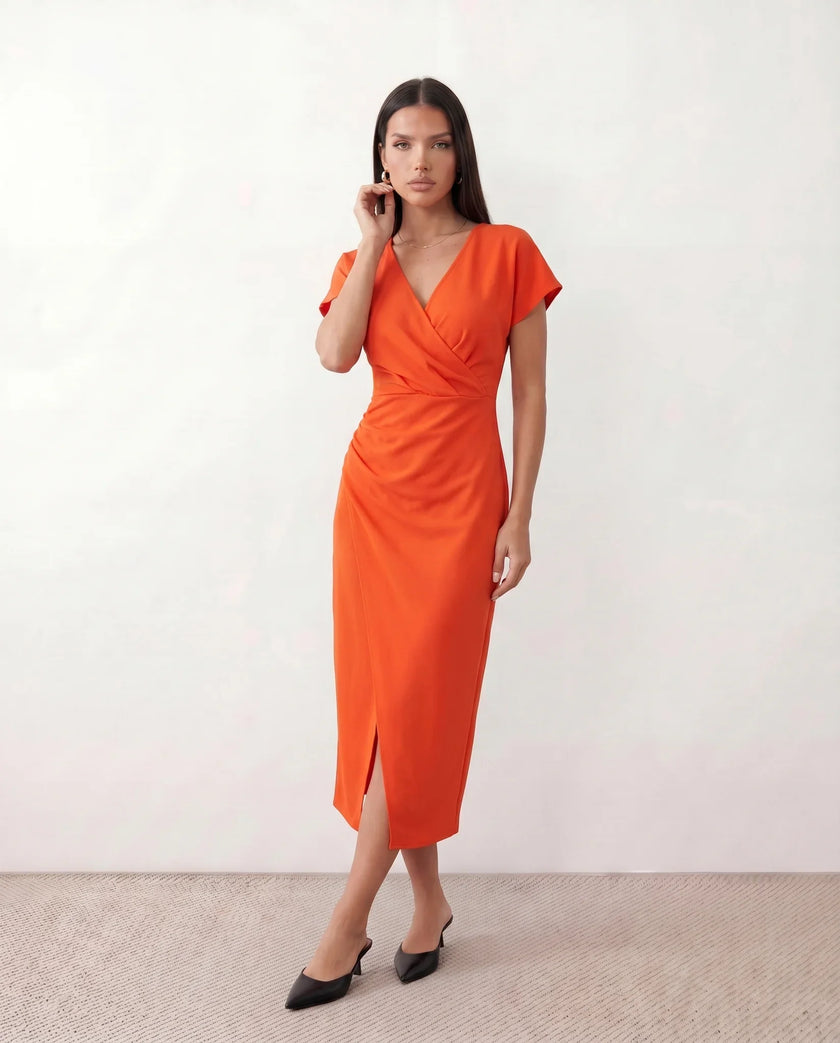 Wrap Midi Dress Women V-Neck Ruched Waist Cap Sleeve