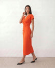 Wrap Midi Dress Women V-Neck Ruched Waist Cap Sleeve