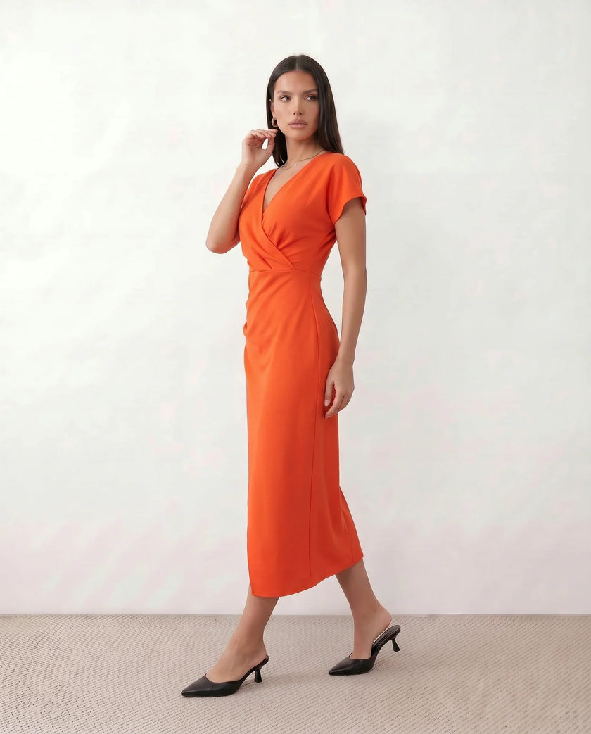 Wrap Midi Dress Women V-Neck Ruched Waist Cap Sleeve