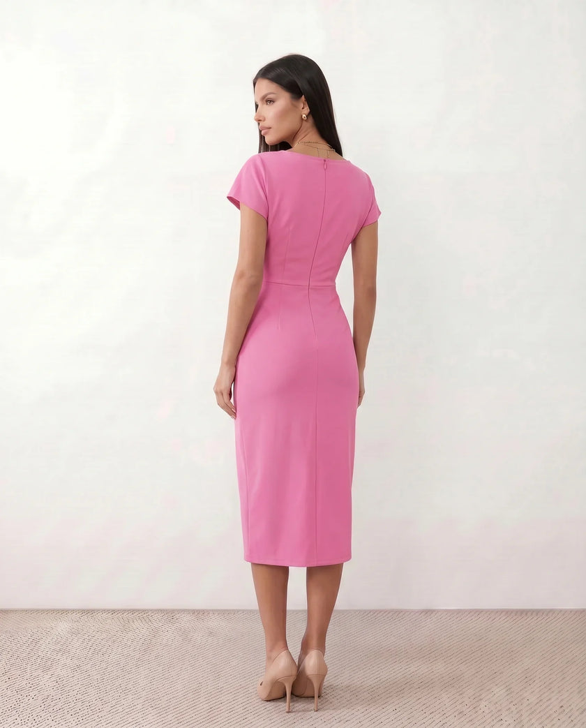Wrap Midi Dress Women V-Neck Ruched Waist Cap Sleeve