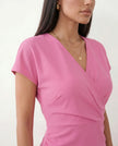Wrap Midi Dress Women V-Neck Ruched Waist Cap Sleeve