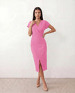 Wrap Midi Dress Women V-Neck Ruched Waist Cap Sleeve