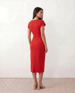 Wrap Midi Dress Women V-Neck Ruched Waist Cap Sleeve