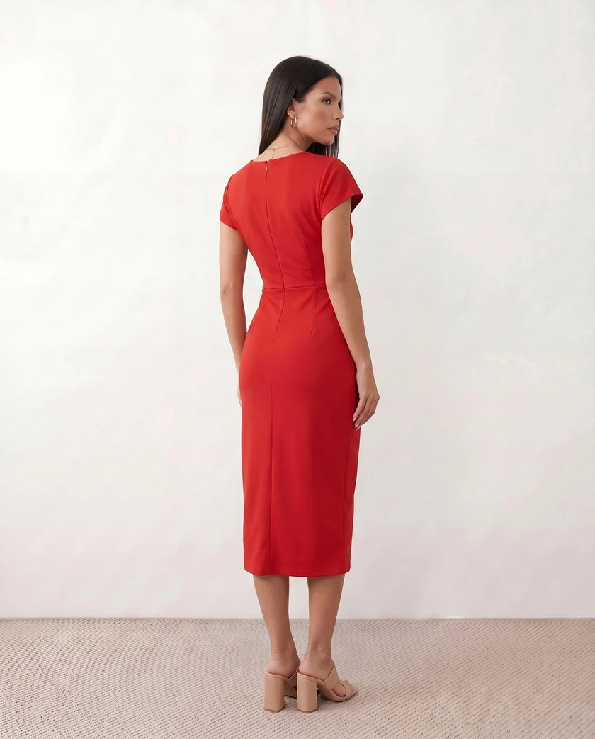 Wrap Midi Dress Women V-Neck Ruched Waist Cap Sleeve