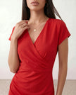 Wrap Midi Dress Women V-Neck Ruched Waist Cap Sleeve