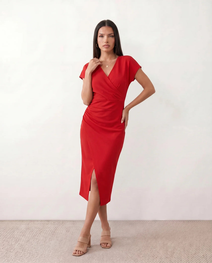 Wrap Midi Dress Women V-Neck Ruched Waist Cap Sleeve