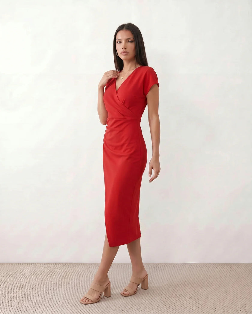 Wrap Midi Dress Women V-Neck Ruched Waist Cap Sleeve