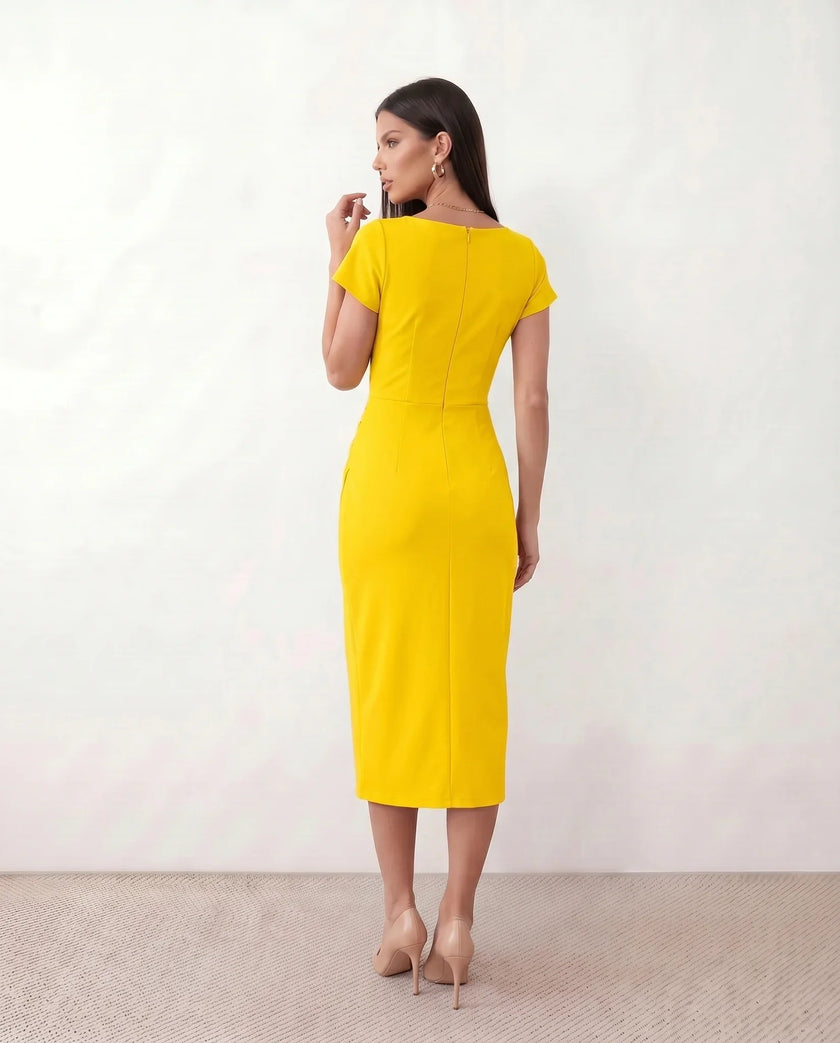 Wrap Midi Dress Women V-Neck Ruched Waist Cap Sleeve