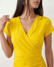 Wrap Midi Dress Women V-Neck Ruched Waist Cap Sleeve