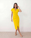 Wrap Midi Dress Women V-Neck Ruched Waist Cap Sleeve