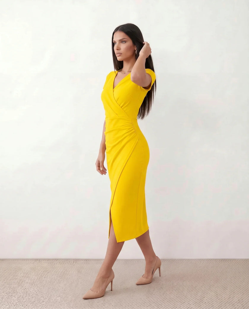 Wrap Midi Dress Women V-Neck Ruched Waist Cap Sleeve