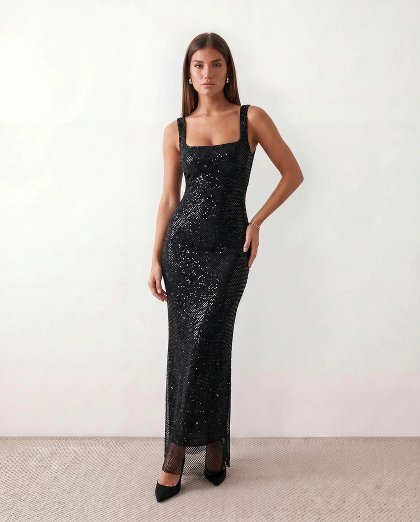 Sequined Maxi Dress Women, Low Open Back Fitted Sheath Square Neck