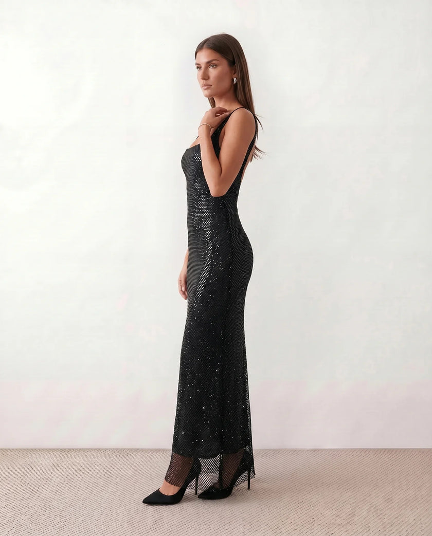 Sequined Maxi Dress Women, Low Open Back Fitted Sheath Square Neck