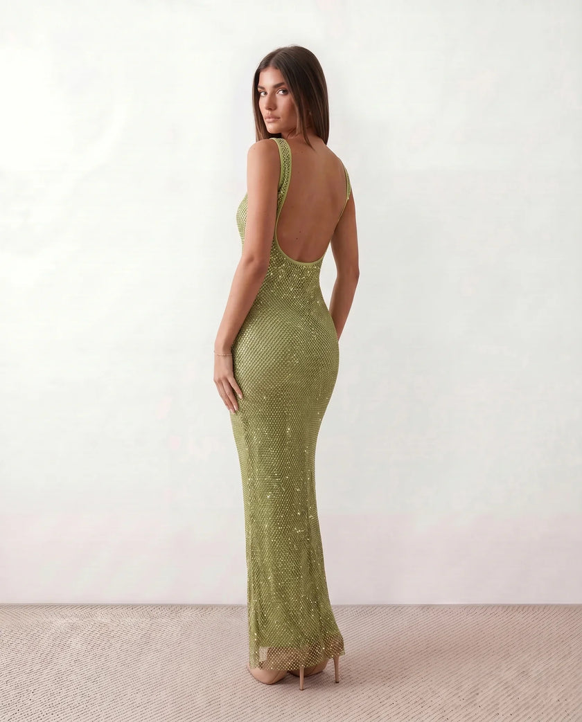 Sequined Maxi Dress Women, Low Open Back Fitted Sheath Square Neck