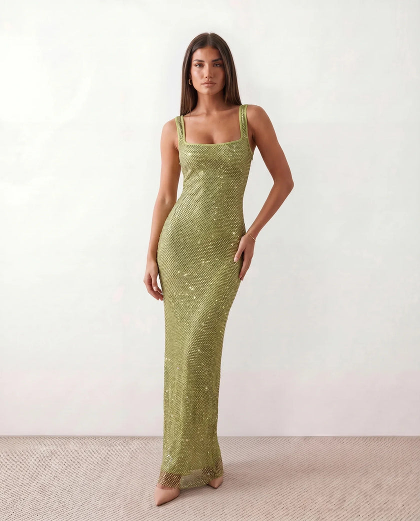 Sequined Maxi Dress Women, Low Open Back Fitted Sheath Square Neck