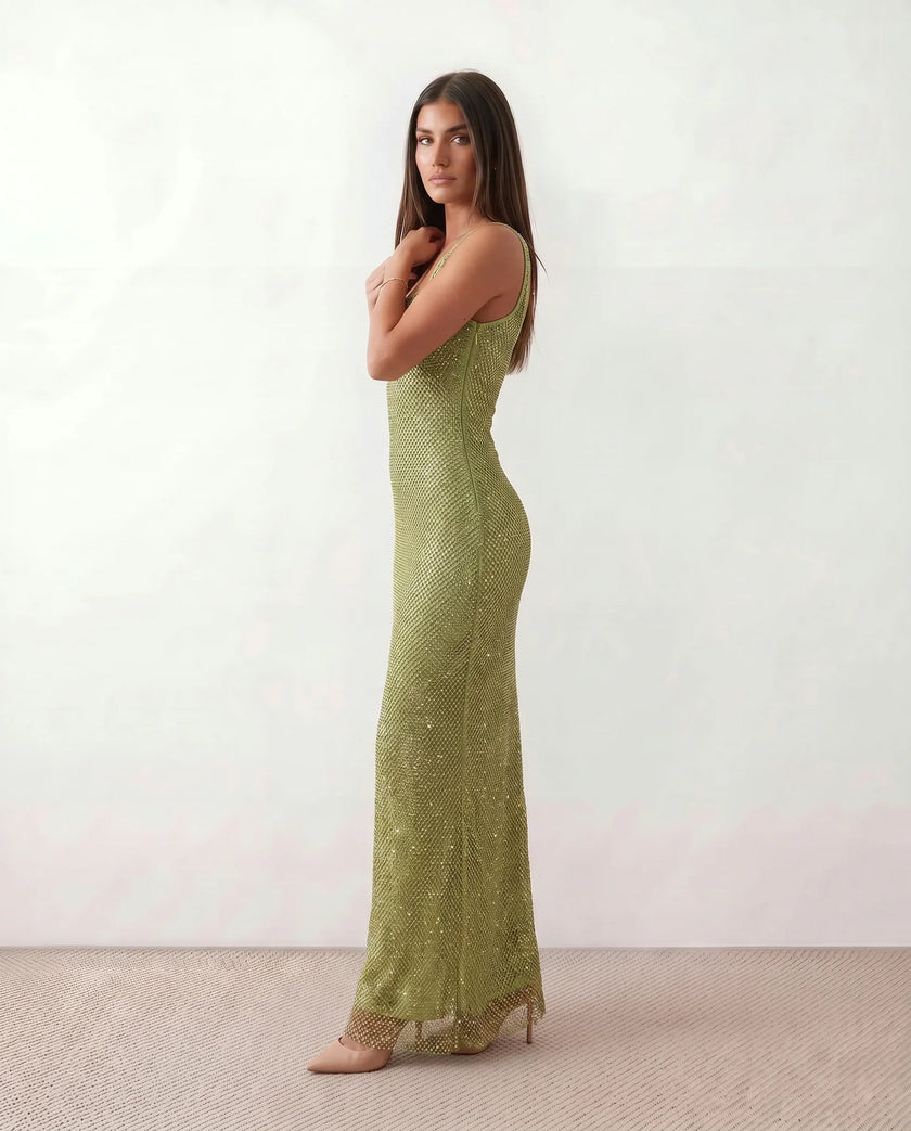 Sequined Maxi Dress Women, Low Open Back Fitted Sheath Square Neck