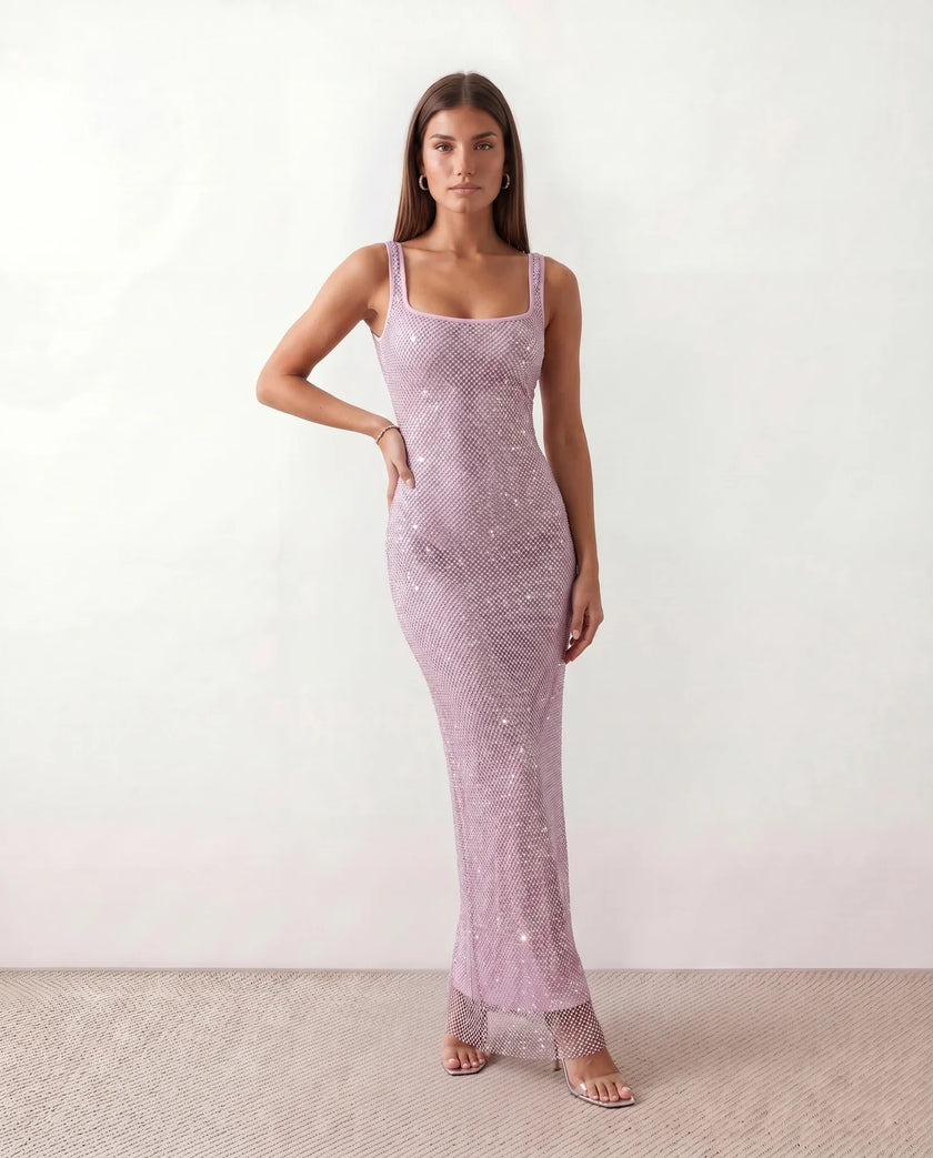 Sequined Maxi Dress Women, Low Open Back Fitted Sheath Square Neck