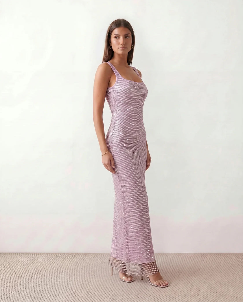 Sequined Maxi Dress Women, Low Open Back Fitted Sheath Square Neck