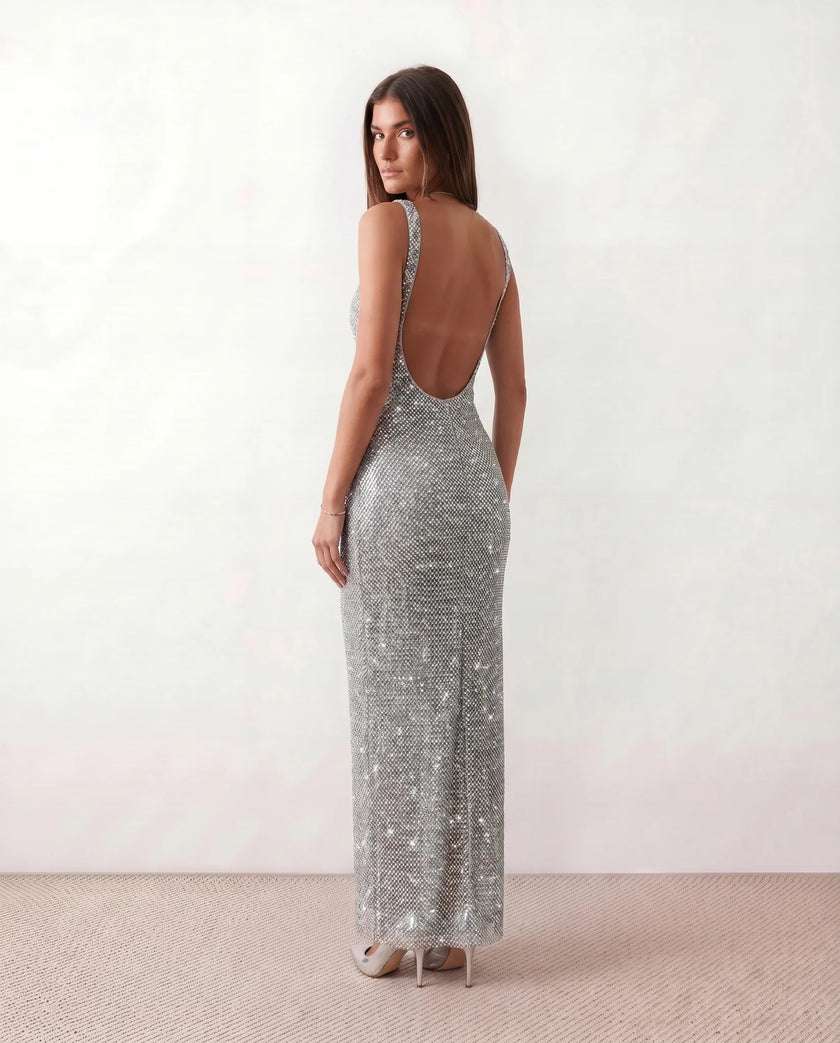 Sequined Maxi Dress Women, Low Open Back Fitted Sheath Square Neck