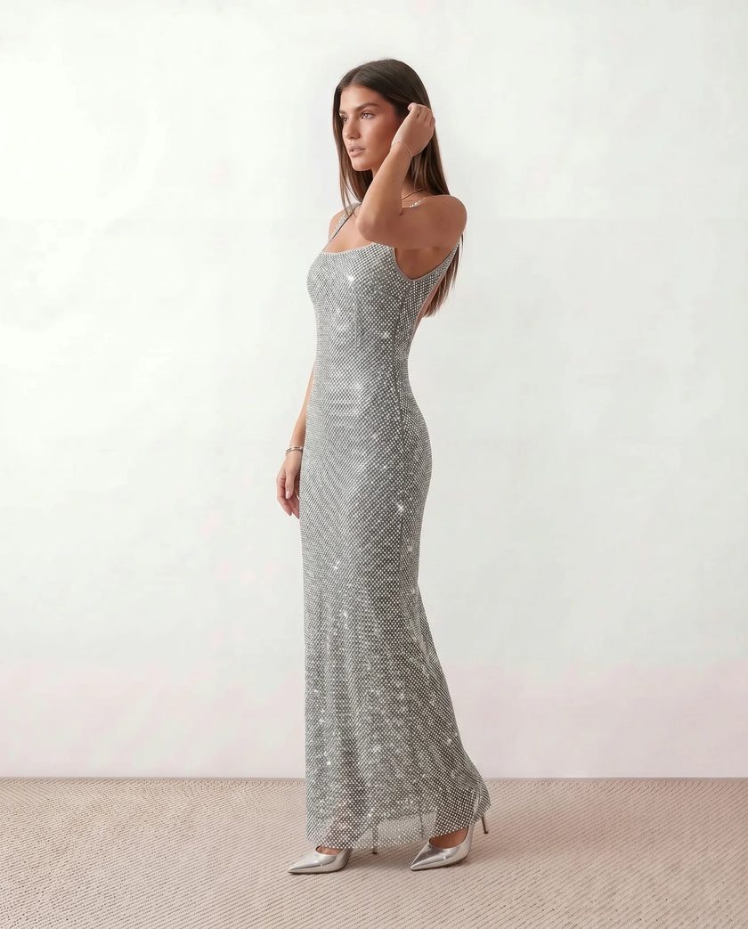 Sequined Maxi Dress Women, Low Open Back Fitted Sheath Square Neck
