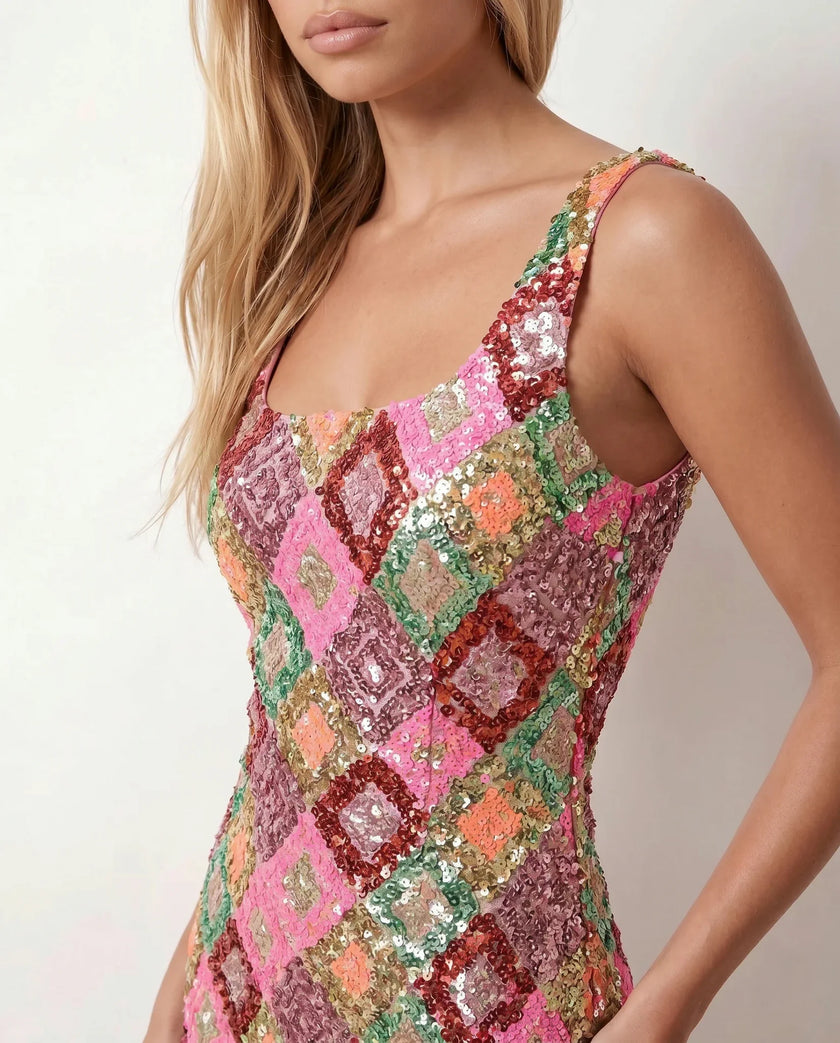 Sequin Mini Dress Women Square Neck Low Back Side Slit Party