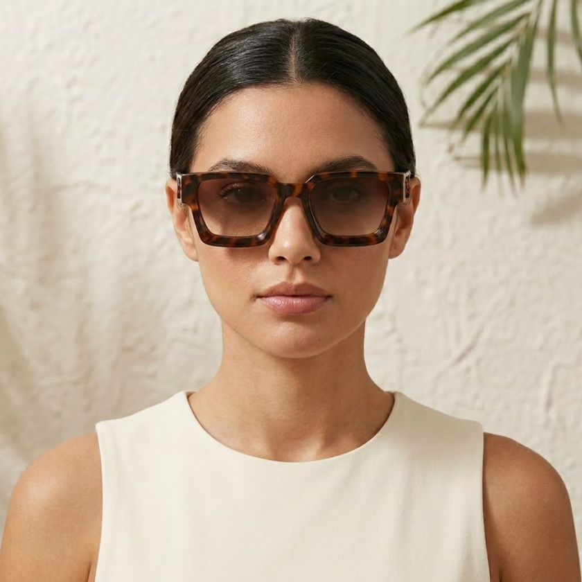 FJØRNA vintage 90s rectangular unisex sunglasses with retro style, black frames and tinted lenses, accessories for women and men.