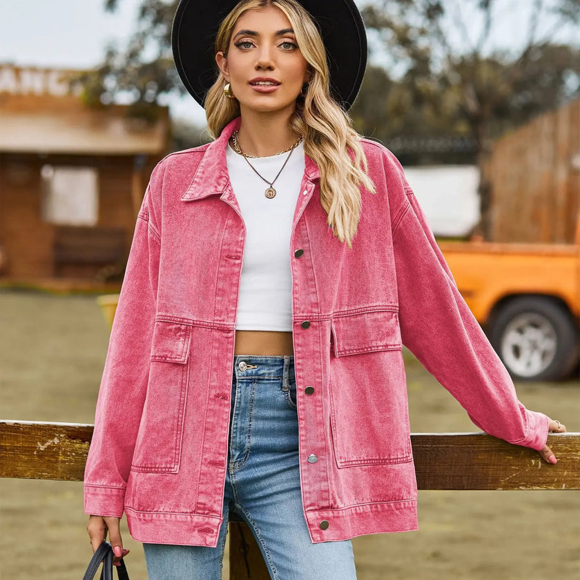 Denim Shirt Jacket Women Oversized Snap Front Patch Pockets