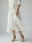 FJØRNA women's summer midi dress with V-neck, flowy fabric, and elegant style perfect for warm weather.