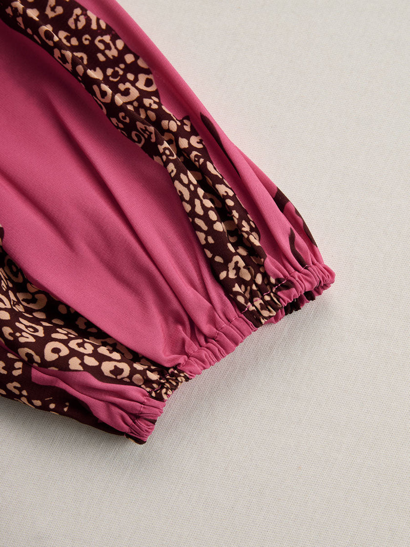 Rose red leopard print chiffon long sleeve jumpsuit for women featuring stylish pants from FJØRNA.