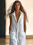 White linen sleeveless wide-leg jumpsuit for women by FJØRNA, featuring a relaxed fit and stylish design.