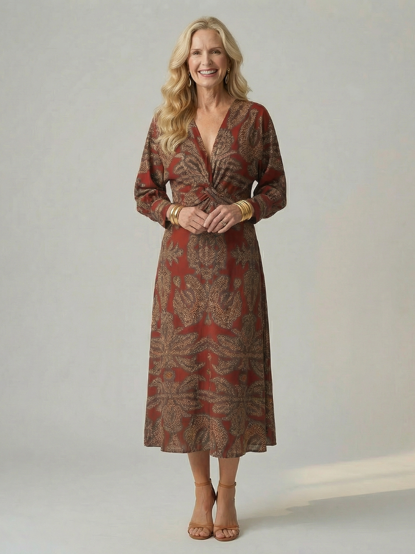 FJØRNA women's summer midi dress with long sleeves and wrap style, lightweight and flowy for warm weather wear.
