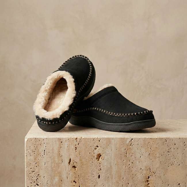 Men's FJØRNA soft slip-on slippers with plush interior and rubber sole, ideal for cozy indoor wear.