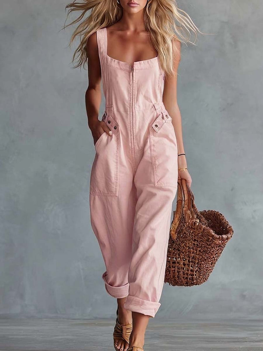 Light yellow denim square neck zip-front jumpsuit for women by FJØRNA, shown with front view highlighting style and fit