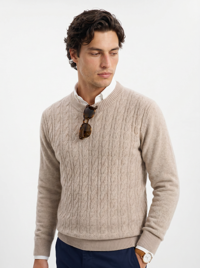 Wool Cable Knit Sweater Men Crew Neck Regular Fit