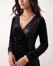 Sequin Mini Dress Women Wrap V-Neck Long Sleeve Ruched Party